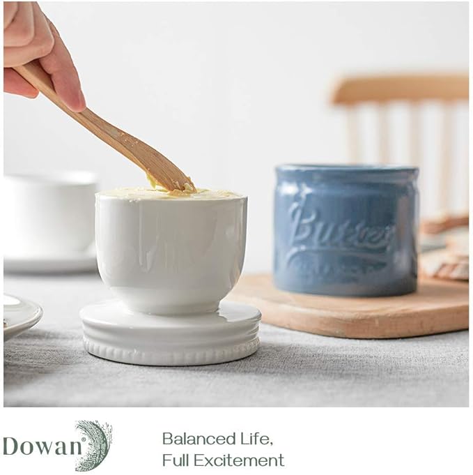 DOWAN Porcelain Butter Keeper Crock, French Butter Dish with Lid, Embossed Butter Container for Soft Butter, Big Capacity & Humanized Water Line, Airy Blue
