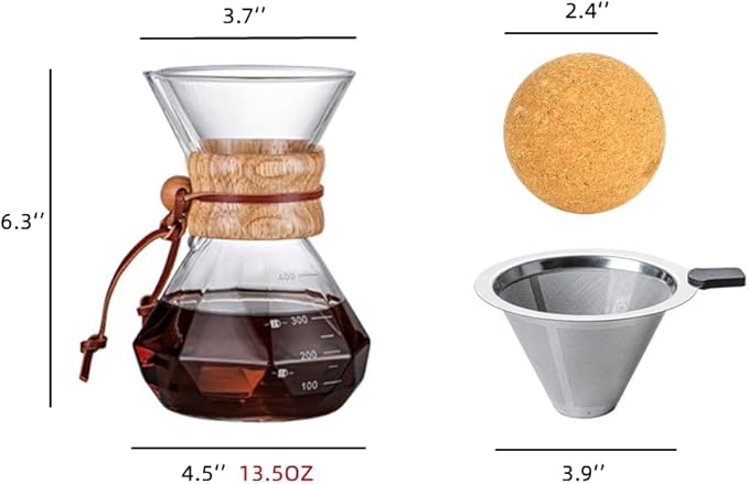 HYAXGM Pour Over Coffee Maker With Wood Sleeve，13.5oz/400mlPour Over Coffee Dripper,Pour Over Coffee Maker Set With Cork Stopper (13.5oz/400ml)