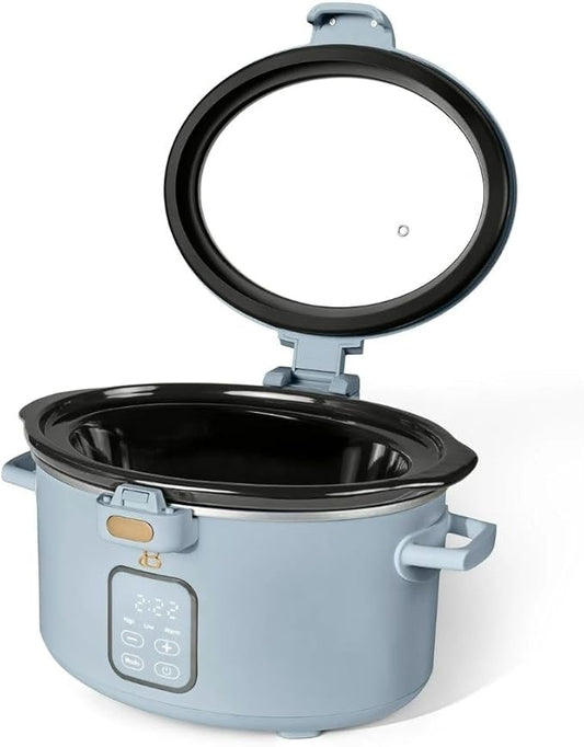 Beautiful by Drew 4.0-Quart Programmable Slow Cooker with Hinged Lid, Digital Timer, Keep Warm Function, Removable Stoneware Pot, Stainless-Steel Accents (Cornflower Blue)