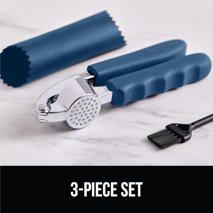 GORILLA GRIP Garlic Press and Peel Set, Heavy Duty Mincer Tool, Large Ergonomic Handle, Easily Mince and Crush Garlics, Ginger, Nuts, Seeds, Peeler Included for Peeling Cloves, Kitchen Gadgets, Blue