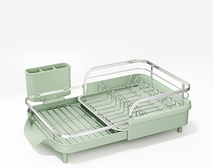 SAYZH Dish Drying Rack - Expandable Dish Rack for Kitchen Counter, Rust-Resistant Dish Drainer with Utensil Holder and Raised Guardrail, Kitchen Organizer for Cup and Bottle (Green)