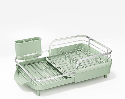 SAYZH Dish Drying Rack - Expandable Dish Rack for Kitchen Counter, Rust-Resistant Dish Drainer with Utensil Holder and Raised Guardrail, Kitchen Organizer for Cup and Bottle (Green)
