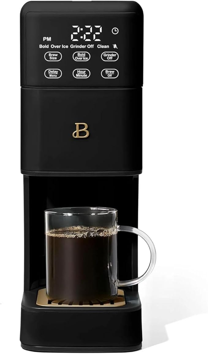 Beautiful Perfect Grind Programmable Single Serve Coffee Maker, Burr Grinder, 64 oz Reservoir, 6 Brew Sizes by Drew Barrymore (Black Sesame)