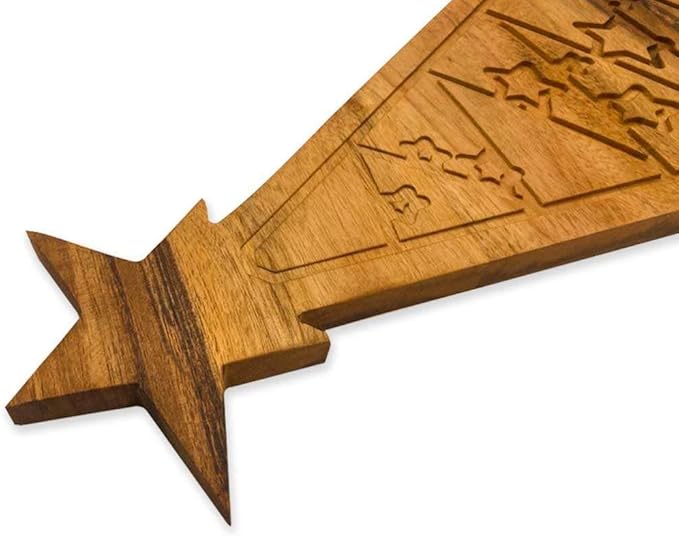 Treen Art Wooden Christmas Cutting Board for Kitchen Decor, 14.5"L x 8.5"W Star Tree Shaped Acacia Wood Chopping Board with Juice Grooves, Serving Charcuterie Platter
