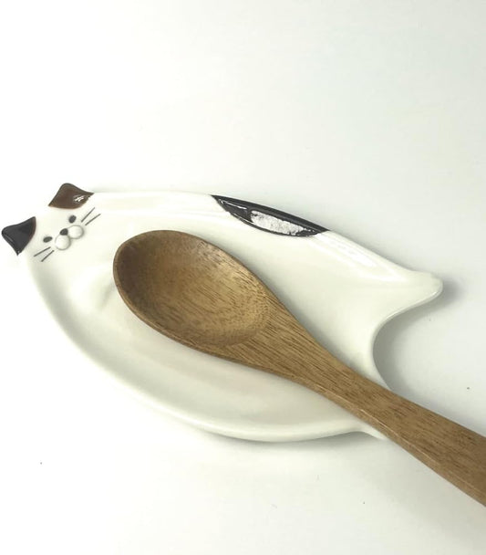 Spoon Rest for Stove Top [ Designed in Japan ] Cute Ceramic Spoon Rest/Holder for Kitchen Counter (calico cat)