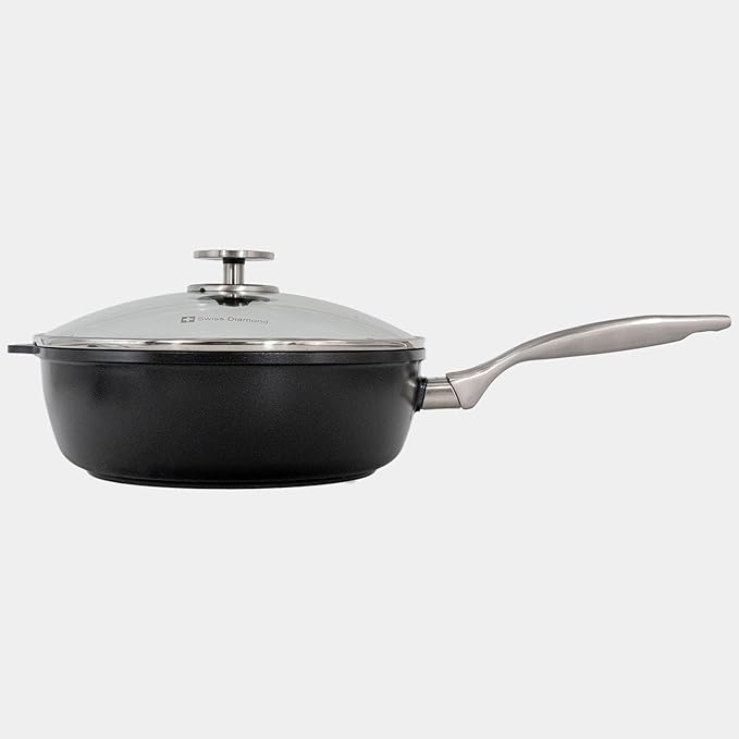 Swiss Diamond Nonstick Hybrid Ceramic and Diamond-Infused Deep Saute Pan With Glass Lid, Dou Ceramic, Dishwasher & Oven Safe Up To 500 °F (3.2 Quart)
