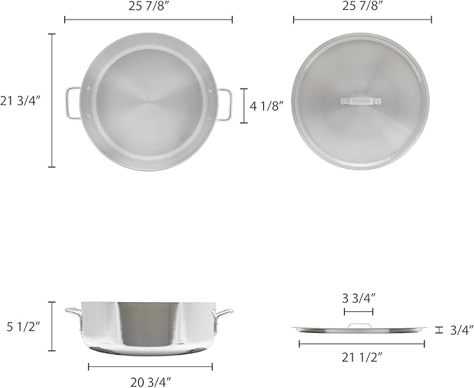 TrueCraftware- 35 qt. Aluminum Brazier Pot with Cover 6mm Thickness- Heavy Weight Cookware Braiser Pan Braising Pan Perfect Roasting Baking Sauteing Searing and Pan Frying Mirror-Finished