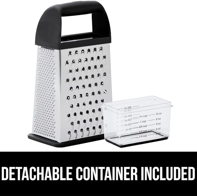 GORILLA GRIP 4-Sided Stainless Steel Cheese Grater With Container, 100% BPA-Free Box Grater, Slip Resistant Base and Handle, Grate Parmesan, Hard Cheeses, Shred Vegetables, Dishwasher Safe, Black
