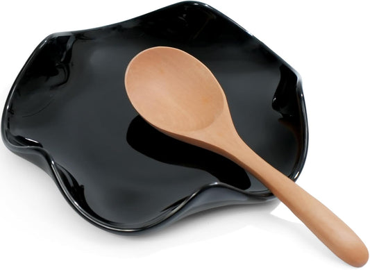 Spoon Rest for Stove Top, 5.3 Inch Ceramic Spoon Holder for Kitchen Counter, Coffee Ladle Holder, Utensil Rest for Cooking, Housewarming Gifts (Black)
