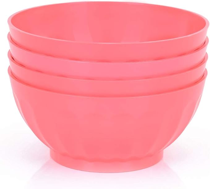 Mintra Unbreakable Plastic Bowl, Salmon 4pk - Large, 1.8L, 60oz, 7.75inW x 3.25inH - (Part Of A Set) - Salad, Snacks, Breakfast Cereal, Fruit, Popcorn, Soup, Colorful, Shatterproof, BPA Free