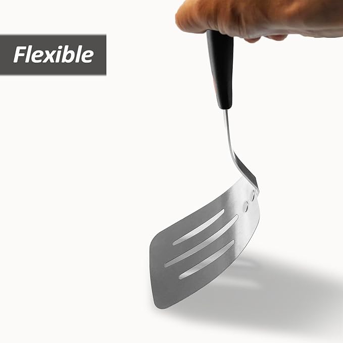 Stainless Steel Flexible Spatula Slotted Turner, XiaoZu Thin Metal Spatula for Cast Iron Skillet, Thin Blade and Heat Resistant Silicone Handle, Great for Egg, Cookie, Meat, Crep, Medium + Large