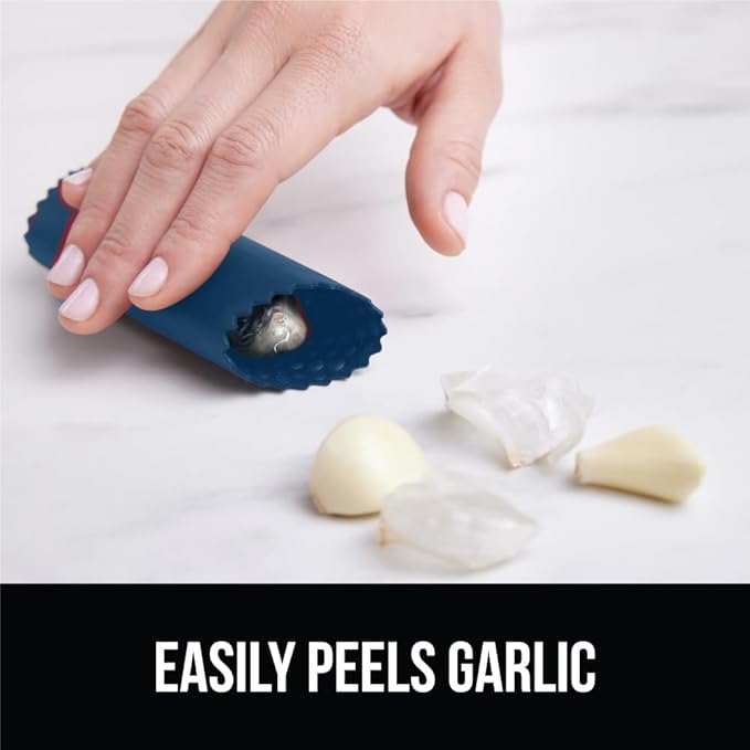 GORILLA GRIP Garlic Press and Peel Set, Heavy Duty Mincer Tool, Large Ergonomic Handle, Easily Mince and Crush Garlics, Ginger, Nuts, Seeds, Peeler Included for Peeling Cloves, Kitchen Gadgets, Blue