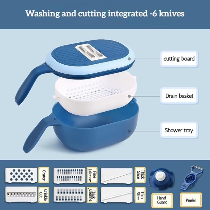 Blue 6-in-1 Vegetable Slicer and Grater with Drain Basket – Multifunctional Kitchen Mandoline Cutter for Slicing, Shredding, Grating – Includes 6 Blades – Wash & Cut Integrated Design