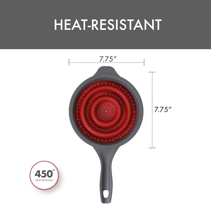 Dexas Pop N Store Collapsible Strainer, 8-Inch, Red, 1.3 Quarts Capacity, Dishwasher Safe, Space-Saving Design