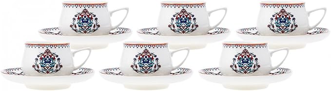KARACA Nakkas Turkish Coffee Cup Set of 6, (12 Piece) White Cups with Saucers - 3.3 fl oz Small Porcelain Espresso Set - Ideal for Serving Greek, Arabic Coffee