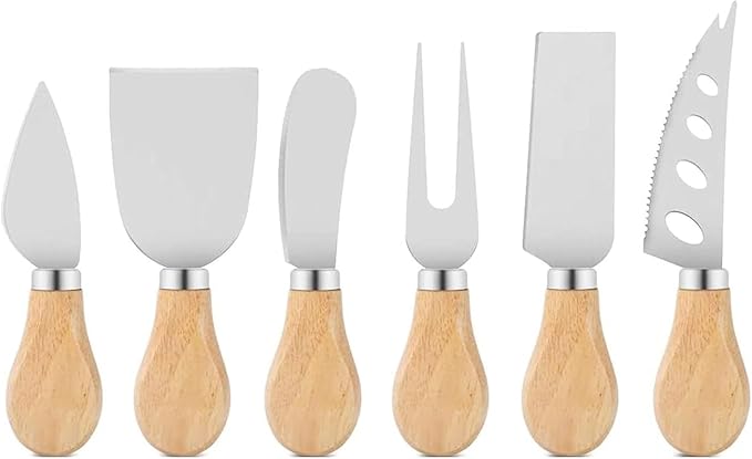 Cheese Knives Set with Gift Box for Charcuterie Board Accessories Stainless Steel Knife with Wood Handle Cheese Slicer Cutter (Wood-6set)
