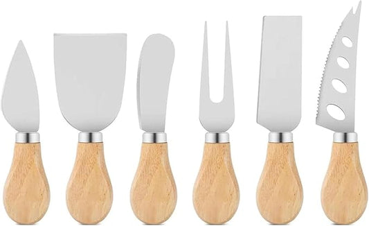 Cheese Knives Set with Gift Box for Charcuterie Board Accessories Stainless Steel Knife with Wood Handle Cheese Slicer Cutter (Wood-6set)