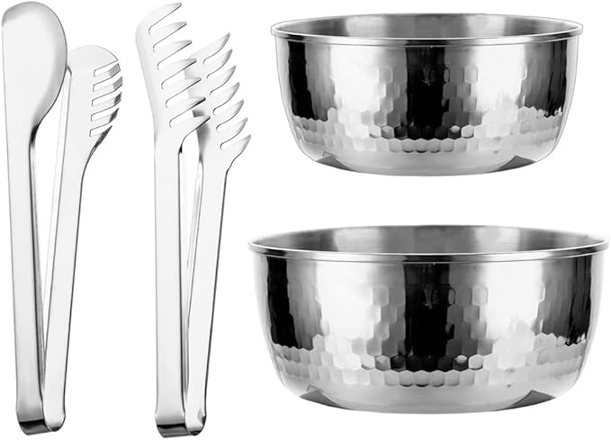 Stainless Steel Mixing Bowls with Food Tongs Set, Meal Prep Metal Mixing Bowls For Home, Refrigerator,and Kitchen Food Storage Organizers - Silver
