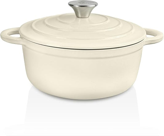 Trustmade 4.5 QT Cast Iron Dutch Oven, Enamel Coated Cookware Pot with Self Basting Lid for Home Baking, Braiser, Cooking, White