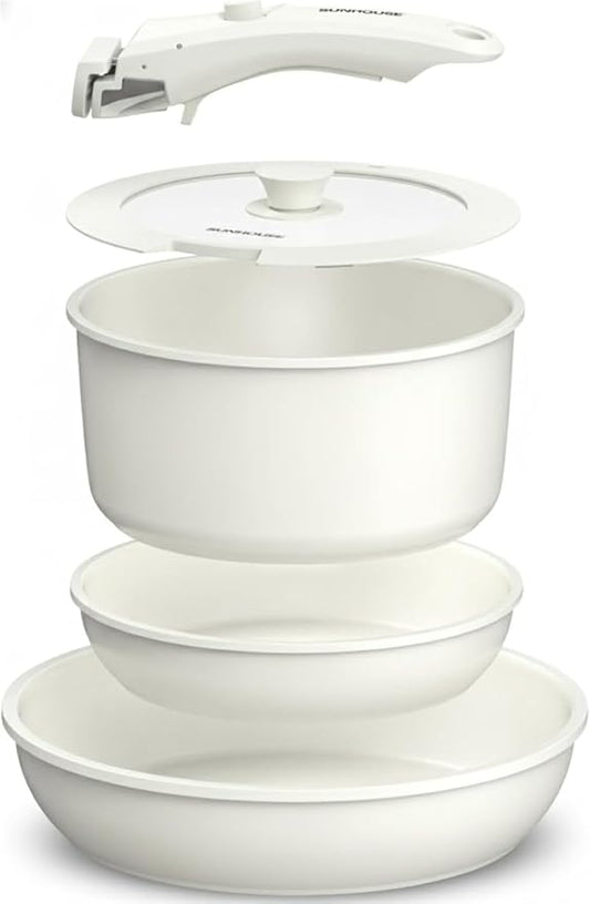 SUNHOUSE 5-Piece Ceramic Pot & Pan Set with Detachable Handle - Nonstick Cookware Set with Lid - PFOA, PFAS & PTFE-FREE, RV Cookware for camping, Dishwasher safe, Oven Safe
