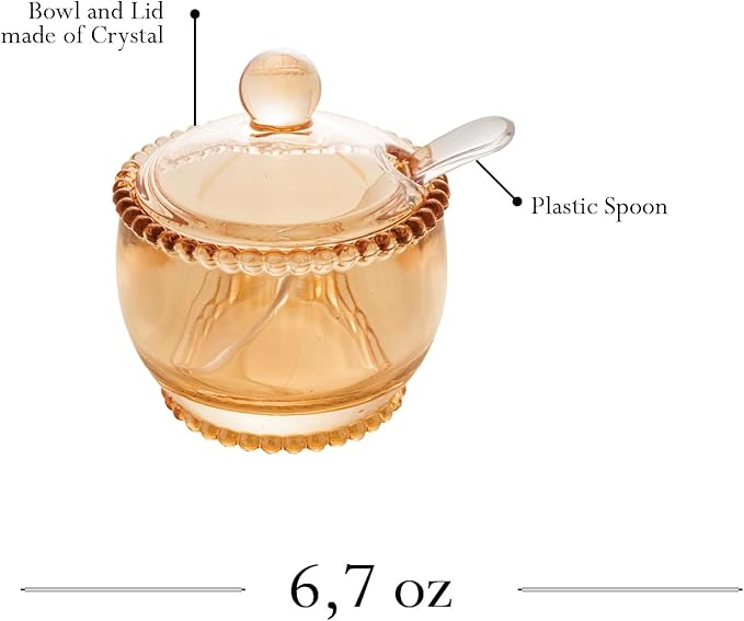 WOLFF - Pearl Crystal Beaded Sugar Bowl with Lid and Spoon - Sugar Holder, Dish for Candy Dispenser, Salt, Condiments and Spices, Jelly Jar (Amber, Sugar Bowl)