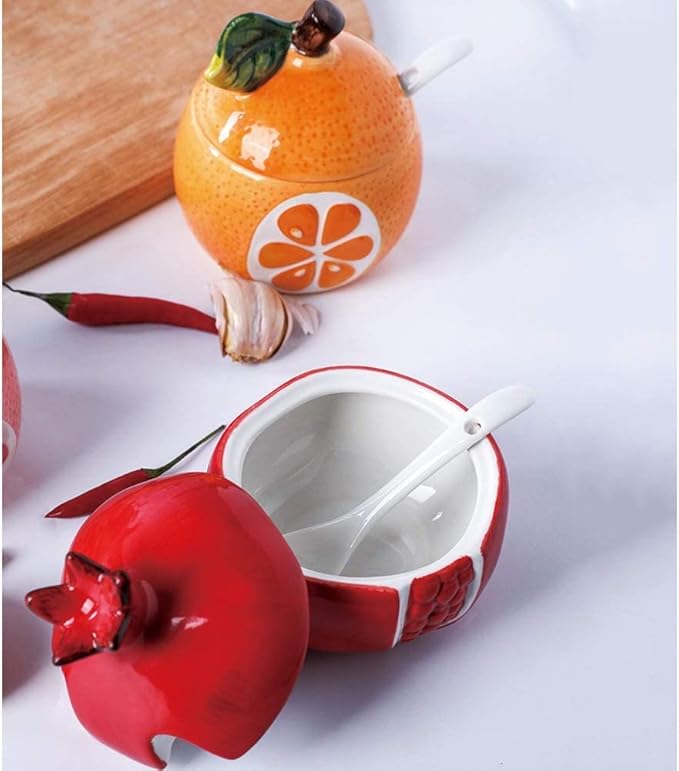 Ceramics Fruit Shaped Sugar Bowl Salt Pot Pepper Storage Jar with Lid and Spoon Seasoning Box Condiment Pots (Red Pomegranate)