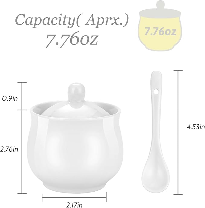 7oz Farmhouse White Ceramic Sugar Bowl with Lid and Spoon Salt Container Jar for Coffee Table Porcelain Condiment Pot for Seasoning