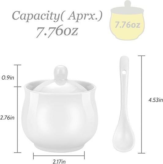 7oz Farmhouse White Ceramic Sugar Bowl with Lid and Spoon Salt Container Jar for Coffee Table Porcelain Condiment Pot for Seasoning
