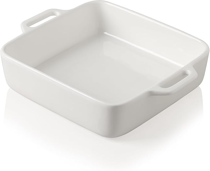 Sweejar 8x8 Baking Pan,Ceramic Casserole Dishes for Oven with Double Handles，2 QT Square Cake Baking Dish for Brownie,Lasagna,Casseroles,Family Dinner(White)