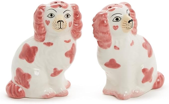 Two's Company Staffordshire Dog Salt and Pepper Shaker Set - Hand-Painted Ceramic, 3.5-Inches Height (Pink and White)