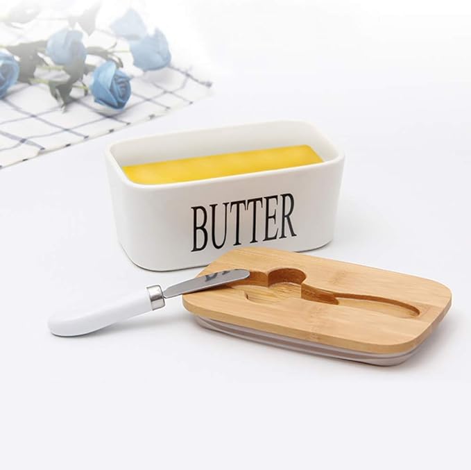 Ceramic Butter Dish with Wooden Lid, Large Butters Container Keeper Storage with Stainless Steel Knife Spreader, Bamboo Cover and Silicone Sealing Ring for West East Coast, White