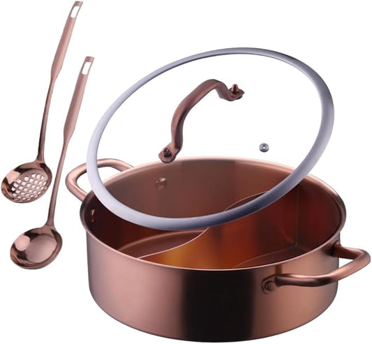 11.8 Inch Stainless Steel Shabu Hot Pot with Divider, Glass Lid Dual Sided Stockpots, Slotted Spoon and Soup Ladle for Induction Cooktop Gas Stove,Dishwasher safe (Rose Gold)