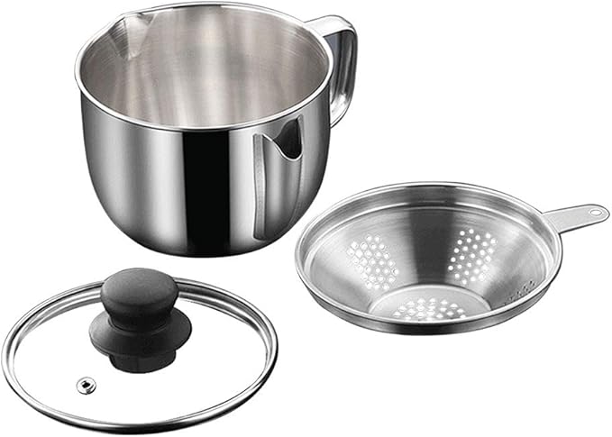 Stainless Steel Fat Separator 4 Cup/1000ML Gravy Grease Separator with Strainer and Glass Lid, Soup Oil Separator Cup for Cooking, Oil Soup Separator Strainer Pot for Kitchen (Silver)