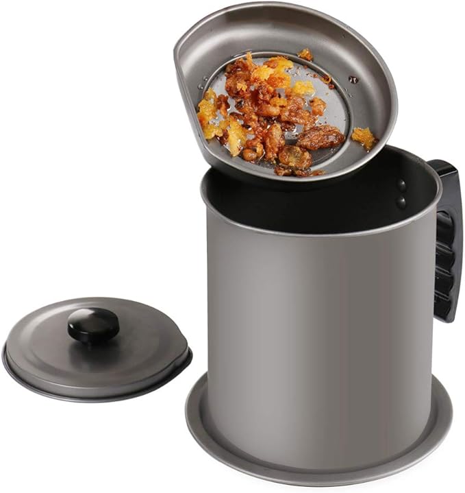 Ourokhome Bacon Grease Container with Strainer- 1.6 L or 6.7 Cup Iron Kitchen Oil Storage Can with Fine Mesh Strainer for Storing Hot Frying Oil, Fat (Gray)