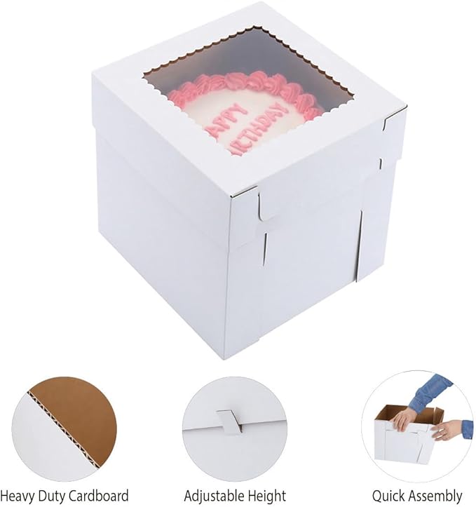 Huoshange Tall Cake Boxes for Tier Cakes,8x8x8 Inch [12Pack ] Thick Sturdy Cake Box with Window, White Cake Carrier,Disposable Cake Containers