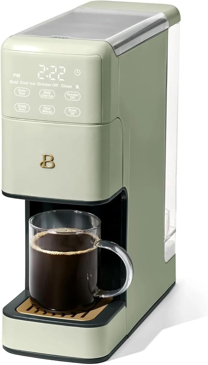 Beautiful Perfect Grind Programmable Single Serve Coffee Maker, Burr Grinder, 64 oz Reservoir, 6 Brew Sizes by Drew Barrymore (Sage Green)