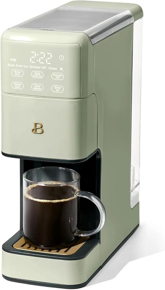 Beautiful Perfect Grind Programmable Single Serve Coffee Maker, Burr Grinder, 64 oz Reservoir, 6 Brew Sizes by Drew Barrymore (Sage Green)