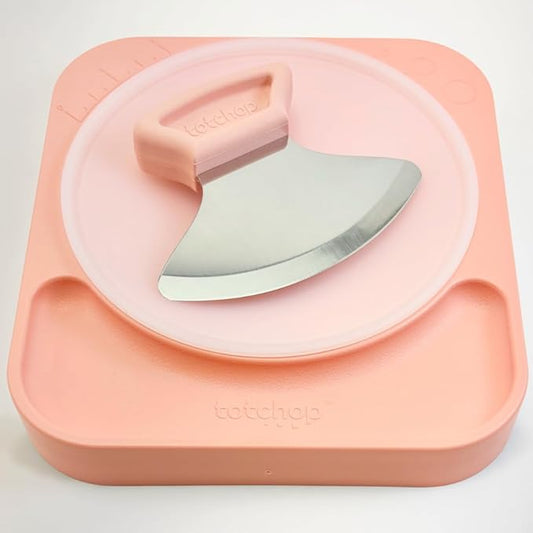 Sharp Rocker Knife for Adults – Chef-Grade Kitchen Knife for Parents and Kids 12+ with Non-Slip Cutting Board, Dishwasher Safe, One-Handed Meal Prep, Microplastic-Free Insert (Sweet Peach)
