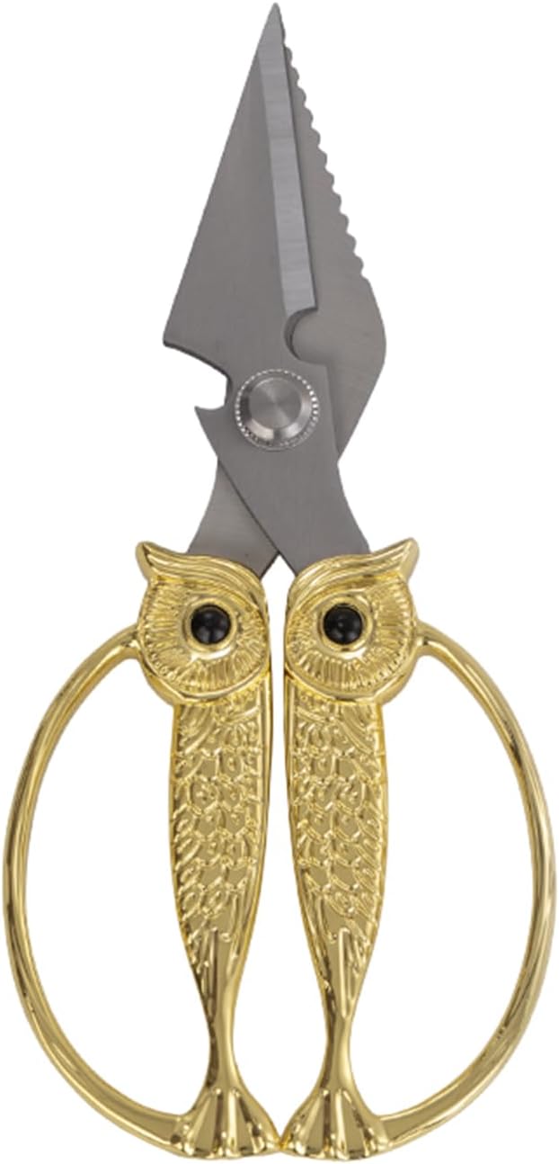 WARMHEART Owl Kitchen Scissors All Purpose, Stainless Steel Heavy Duty Sharp Shears for Meat, Chicken, Fish, Poultry, Herb, Bread (Golden, Large)