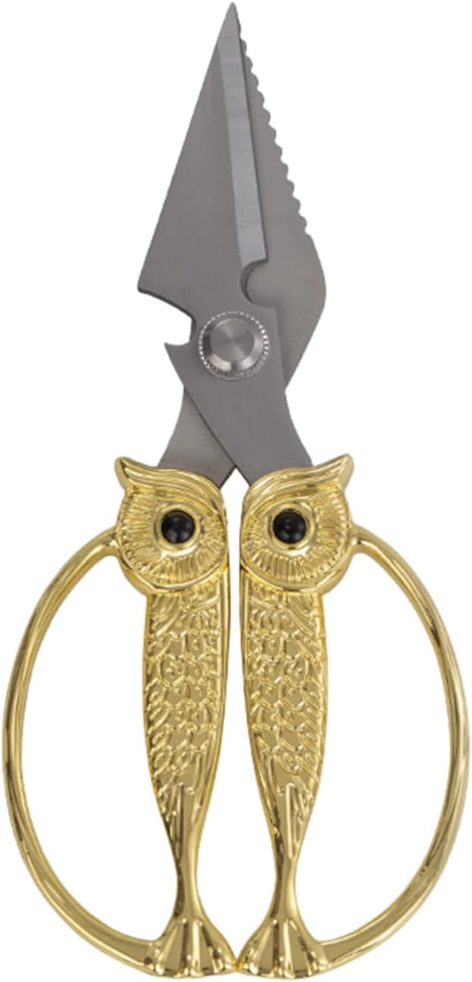 WARMHEART Owl Kitchen Scissors All Purpose, Stainless Steel Heavy Duty Sharp Shears for Meat, Chicken, Fish, Poultry, Herb, Bread (Light Gold, Large)