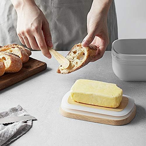DOWAN Ceramic Butter Dish, Extra Large Butter Keeper for Countertop or Fridge, Airtight Butter Container with Wooden Lid, Farmhouse Kitchen Decor and Accessories, Freezer Safe, Soft White