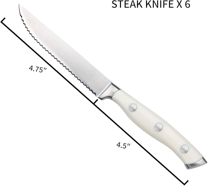 Alata 6-Piece White Steak Knives Set, Stainless Steel Steak Knife set with Serrated Edge, Razor-Sharp, Full-Tang Construction
