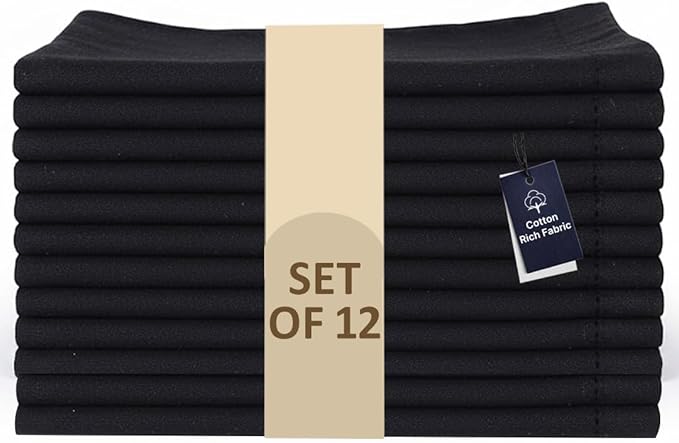 LFH Home Hemstitched Cloth Dinner Napkins 18x18 Inch Set of 12 - Reusable 100% Cotton Machine Washable Cocktail Napkins with Metered Corners for Daily, Party, Wedding, Bar Use - Black