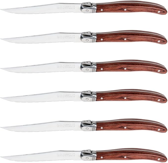 Laguiole Style Steak Knives Set of 6, Serrated Stainless Steel Steak Knife Set, Elegant French Design, Dishwasher Safe, Gift Box for Dinner & BBQ (wood-6)