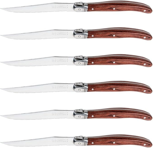 Laguiole Style Steak Knives Set of 6, Serrated Stainless Steel Steak Knife Set, Elegant French Design, Dishwasher Safe, Gift Box for Dinner & BBQ (wood-6)