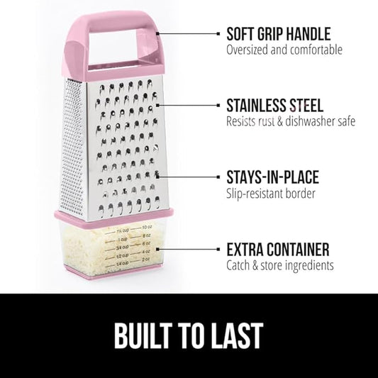 GORILLA GRIP 4-Sided Stainless Steel Cheese Grater With Container, 100% BPA-Free Box Grater, Slip Resistant Base and Handle, Grate Parmesan, Hard Cheeses, Shred Vegetables, Dishwasher Safe, Pink