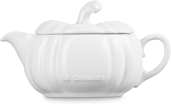 Le Creuset Stoneware Pumpkin Gravy Boat with Lid, 14 oz., White