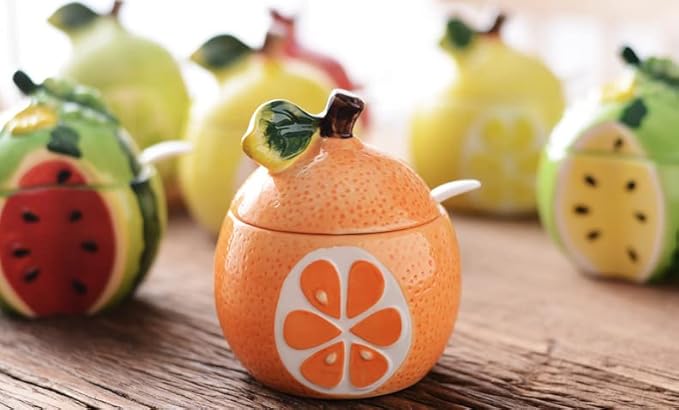 Ceramics Fruit Shaped Sugar Bowl Salt Pot Pepper Storage Jar with Lid and Spoon Seasoning Box Condiment Pots (Orange Pomelo)