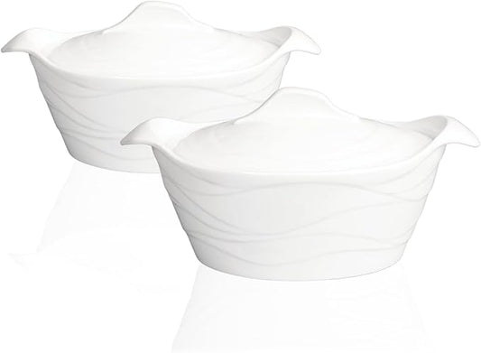 8" x 6" Ceramic Casserole Dish with Lids 31 Oz White French Soup Tureen Bakeware Set with Handle - 10 IN, Chip and Crack Resistant Baking Dish, Microwave, Dishwasher, Oven, Fridge Safe