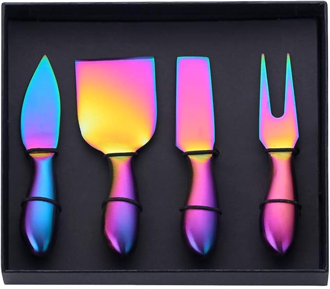Buyer Star Rainbow 4 Piece Cheese Knife Set Stainless Steel Mini Cheese knives Charcuterie Board Accessories Cheese Spreader Knife with Gift Box for Charcuterie, Gift-Ready